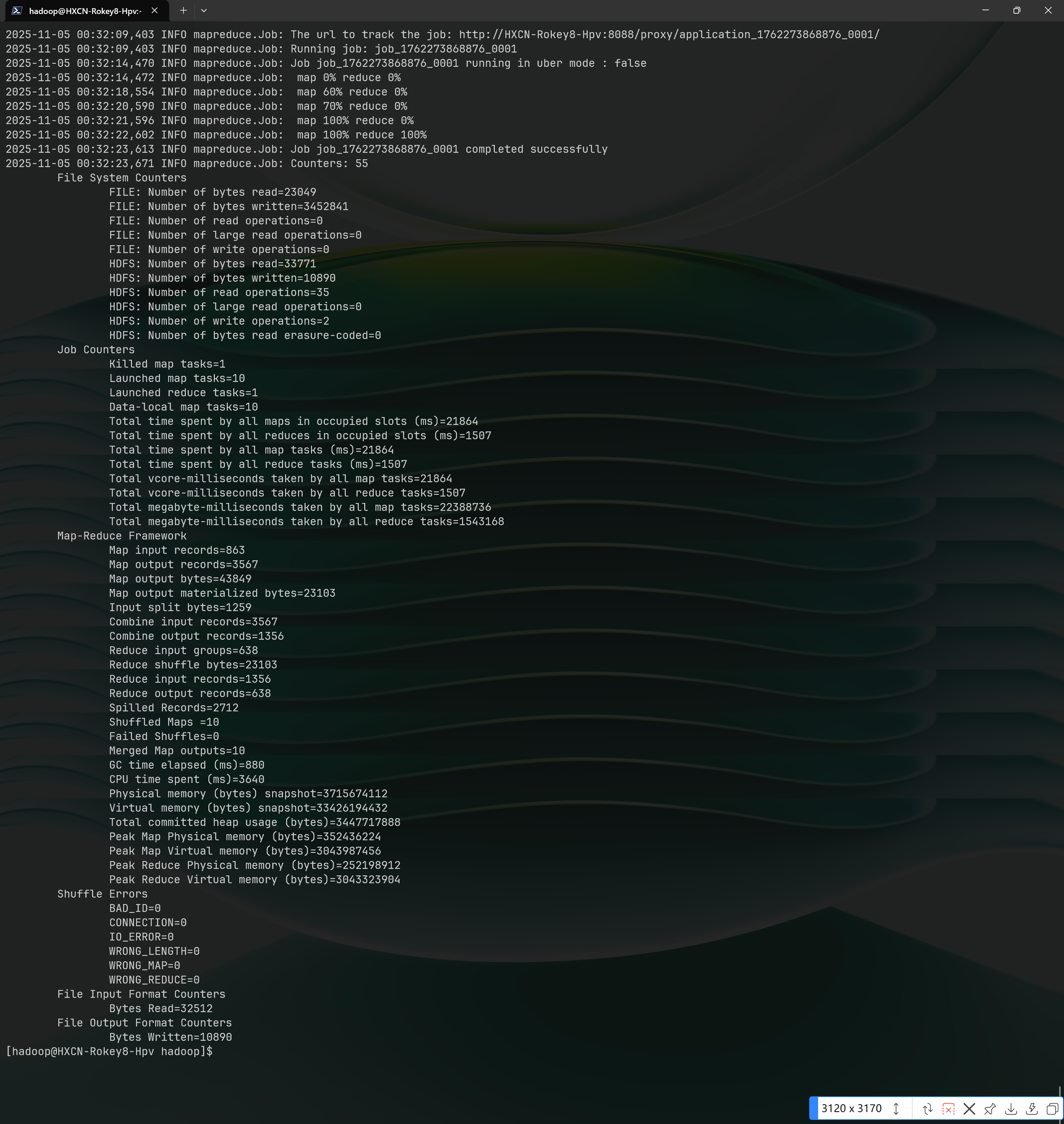 WordCount execution output